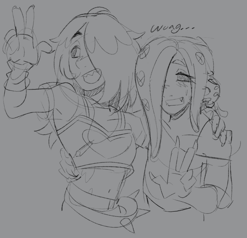 digital sketch of sunny holding Me, acht splatoon, by the shoulder and also she is doing a p sign, i hold her by her waist and i too am doing a p sign but im gay and blushing and vaguely uncomfortable but sunny is in her lane, moisturized, and gleeful and doesn't seem to notice
