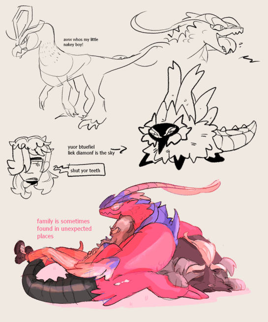 shaded doodle of arven, koraidon and mabbostiff resting