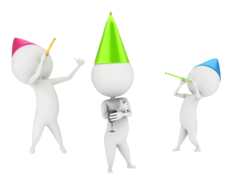 Clipart of white 3d model people with birthday hats on.