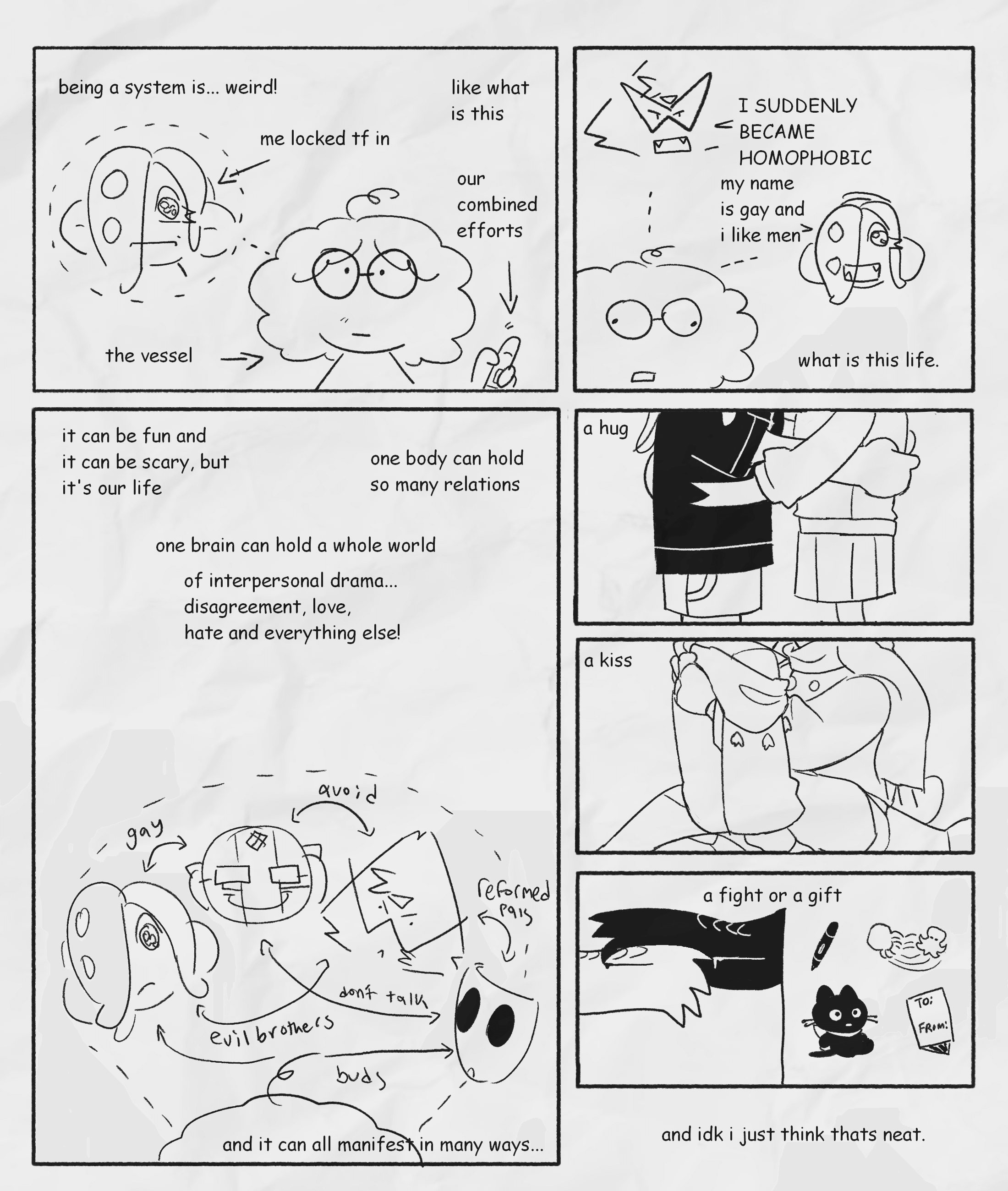 Presented in a comic style, the first panel has the text 'Being a system is weird! Like what is this.' Along with a simple doodle of our human body and a line connecting to a portrait of acht in their octarian form. An arrow points to that saying 'locked tf in' and an arrow points to the human body saying 'the vessel'. The body is drawing and an arrow points to the pen saying 'our combined efforts'. The panel to the right depicts the vessel with a zoned out expression and a portrait of Peridot saying 'I suddenly became homophobic.' with a portrait of Acht underneath saying 'My name is gay and I like men.' Text on the bottom right says 'What is this life'. The lower left panel's text says 'It can be fun and it can be scary, but it's our life. One body can hold so many relations. One brain can hold a whole world of interpersonal drama... disagreement, love, hate and everything else!' Beneath the text is a doodle of Acht, Vriska, Peridot, and Gangle above the vessel's head with many arrows making a convoluted relationship chart. Bottom right text reads 'And it can all manifest in many ways...' The first panel next to the last one says 'A hug' with a drawing of Acht and Gangle's lower bodies engaged in a hug. The second panel says 'A kiss' with a drawing of Acht sitting on Vriska's lap, heads cut off by the panel. The third panel reads 'A fight or a gift', with the left image being of a white dragon's arm (Acht) and a black dragon's arm (Peridot) scratching each other and drawing blood. On the right side is gifts we have given each other. Outside of the panels and on the bottom right, text reads, 'And idk I just think that's neat.'