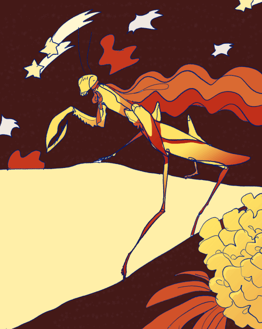 surreal digital art of a mantis wearing a cape