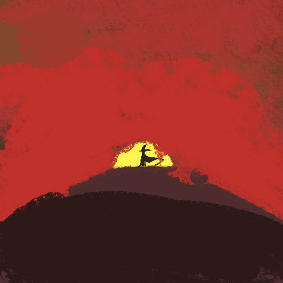 a lone figure atop a hill, in wizard garb, in the blinding sunset. you cannot make out their features.