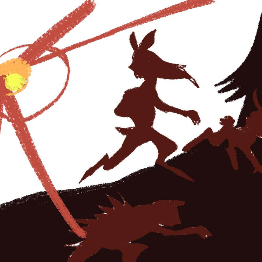 creatures, forced into human bodies, run from a blinding light. you cannot make out their features.
