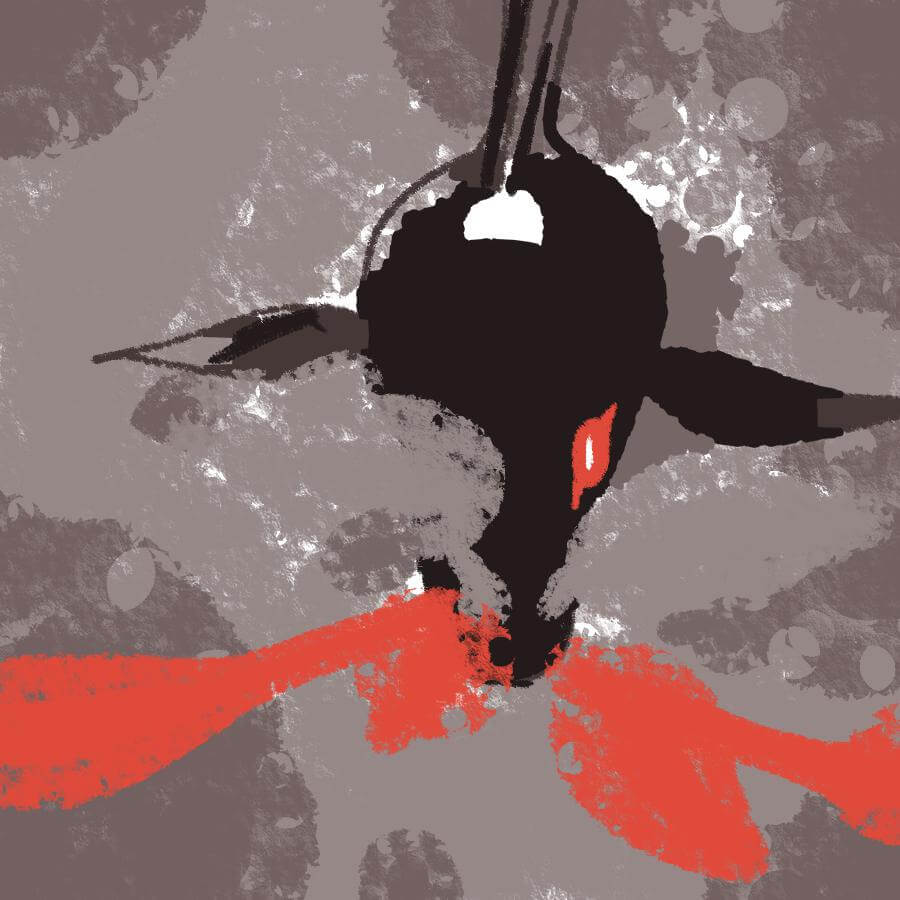a featureless black dragon readies up an elemental fire attack from its mouth. its red eye is piercing.