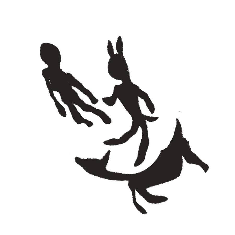 featureless bodies float in a white void. One is human, one is both Creature and human, and one is a Creature..