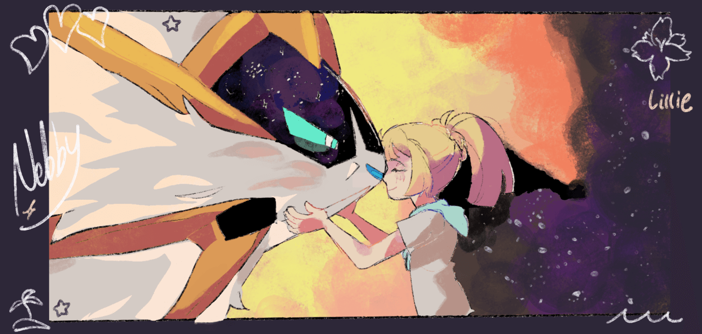 screenshot redraw of lillie butting heads affectionately with nebby